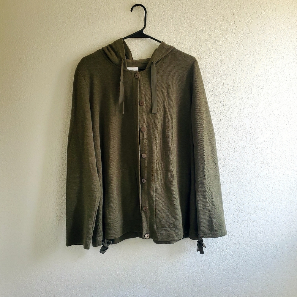 J Jill Olive/Moss Green Button Down Hoodie Cardigan Sweater Fall Winter